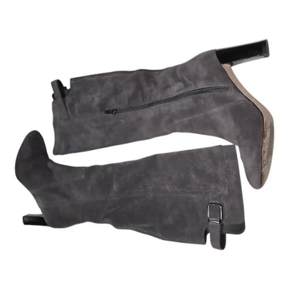 Via Spiga PArca Suede Knee High Boots‎ Buckle Heel Zip Gray Women's Size 6.5